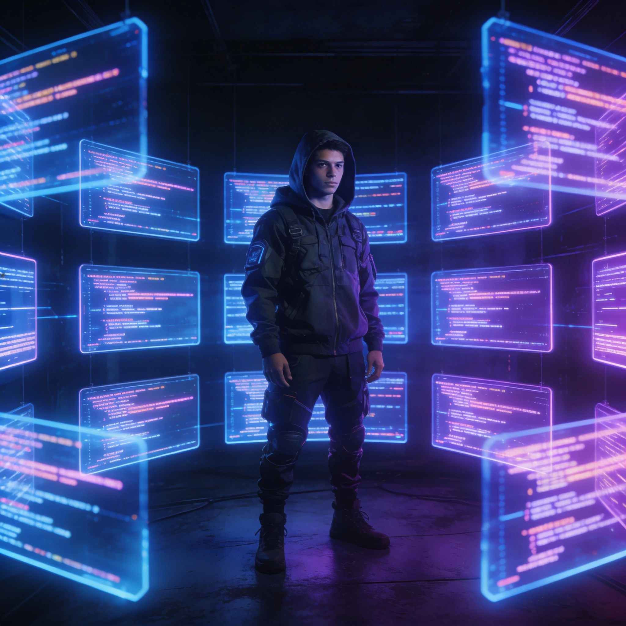 Кибер-хакер в неоновом свете — Seedream 4.5 промт