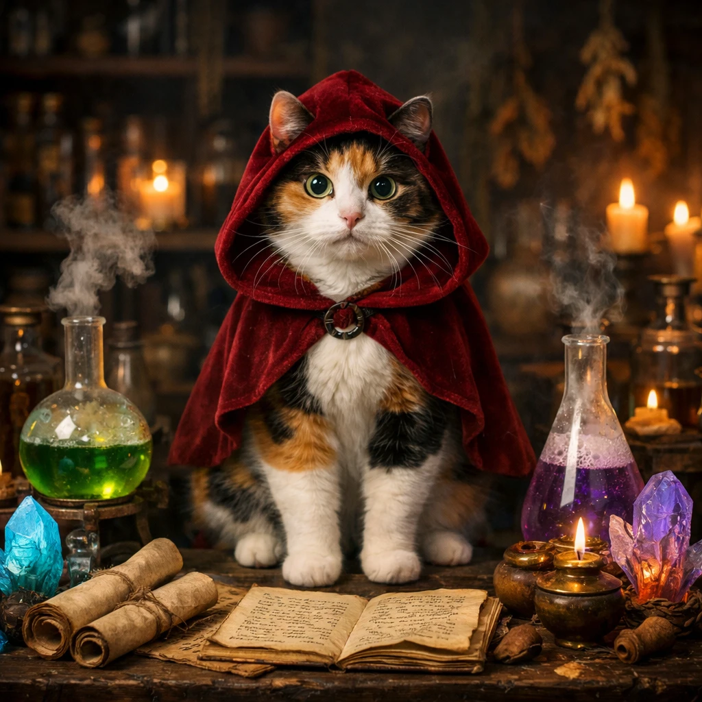 Кошка-алхимик в лаборатории — GPT Image 1.5 промт