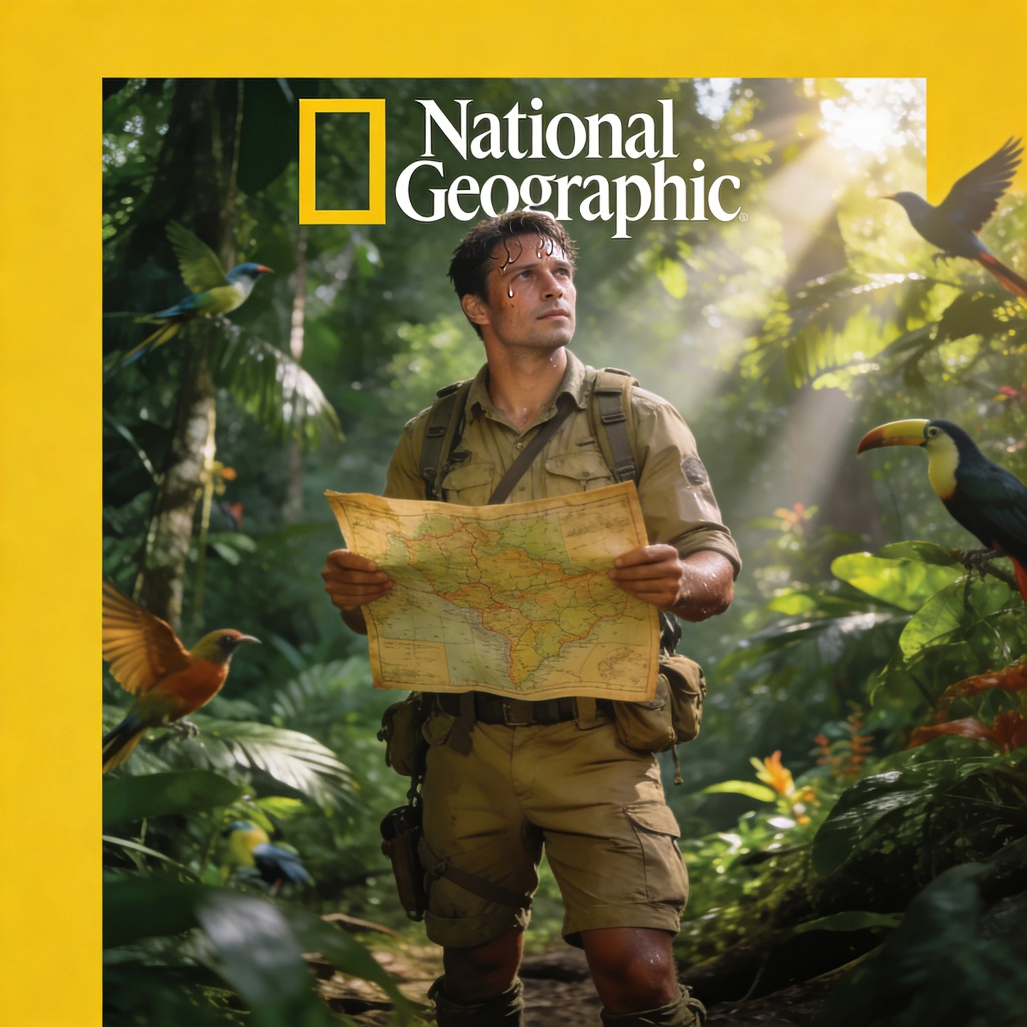 Обложка журнала National Geographic: Исследователь джунглей — Seedream 4.5 промт
