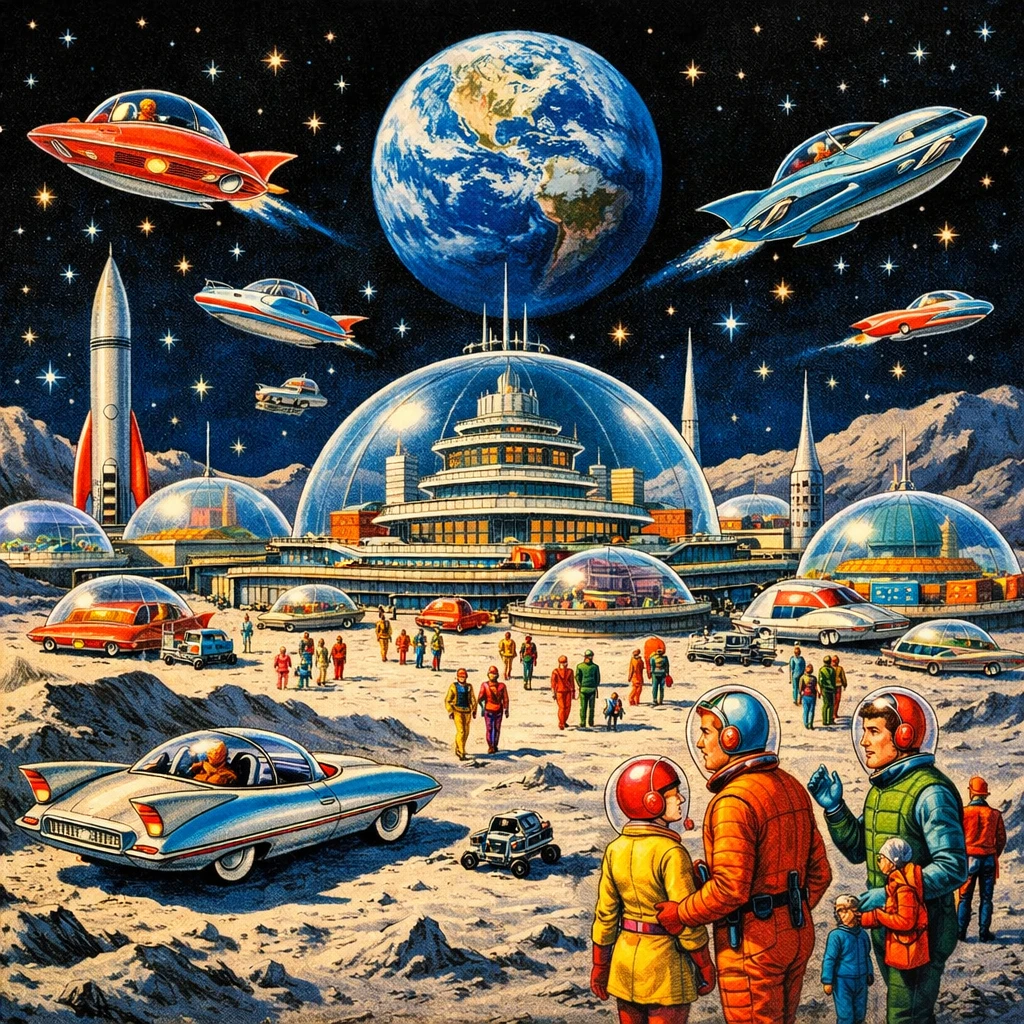 Ретро-футуристичный город на Луне — GPT Image 1.5 промт