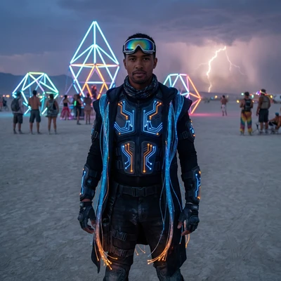 Фестиваль Burning Man в стиле Трон — AI промт для Nano Banana Pro