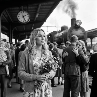 Фотохроника 1945 года: Возвращение домой — AI промт для Nano Banana Pro