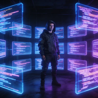 Кибер-хакер в неоновом свете — AI промт для Seedream 4.5