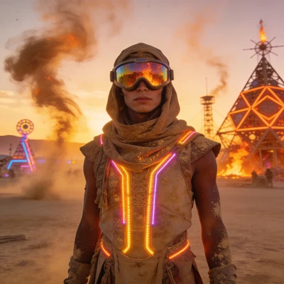 Укротитель грозы на фестивале Burning Man — AI промт для Seedream 4.5