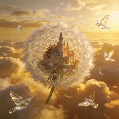 Замок-одуванчик в небесах — AI промт для Seedream 4.5