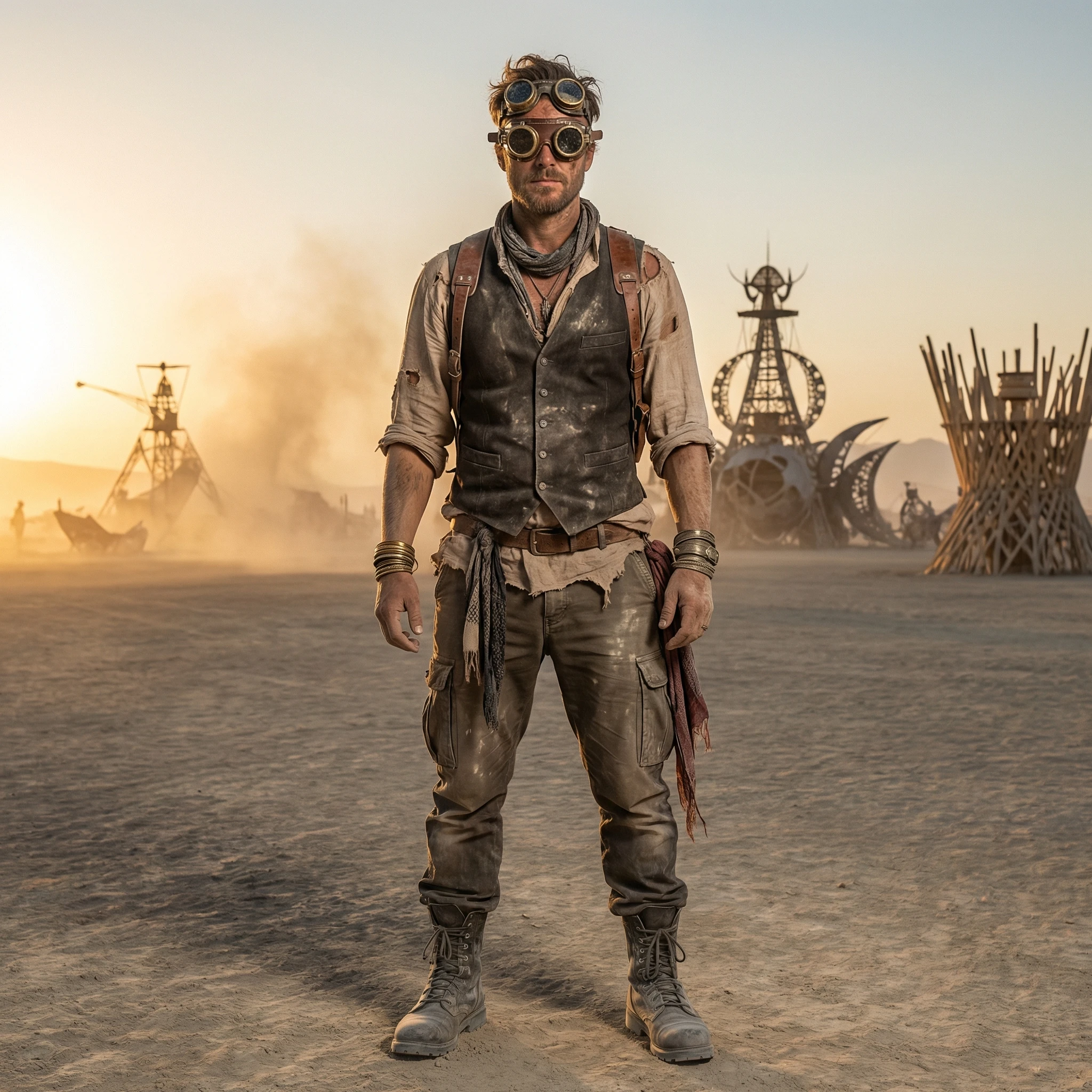 Участник фестиваляBurning Man в стиле стимпанк — Nano Banana Pro промт
